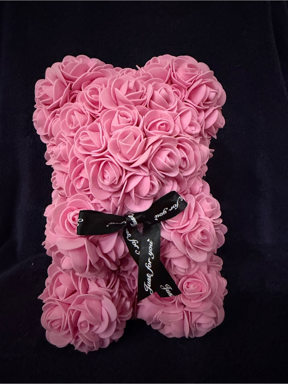 Valentine’s Pink Foam Rose Teddy Bear with Black Ribbon “just for you” 9”
